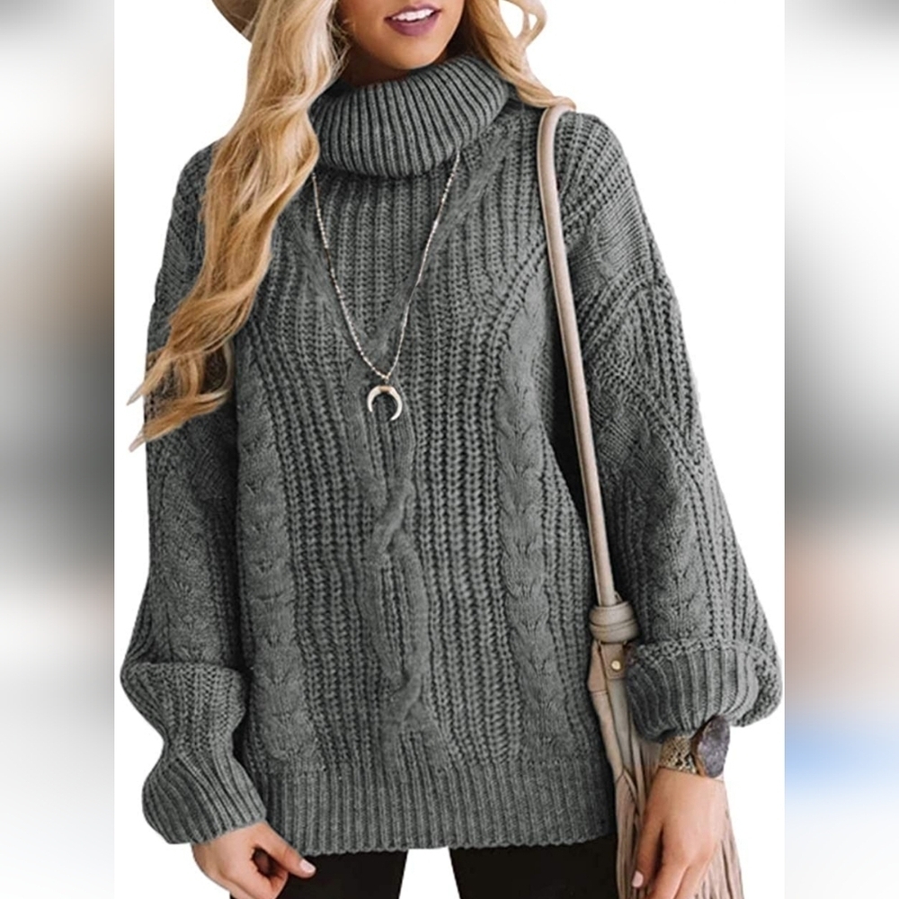 Zesica Turtleneck Chunky Cozy Gray Cable Knit Pullover Sweater Medium - Picture 1 of 11